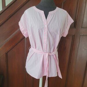Talbots Womens Pink & White Striped Button-Down Blouse With Belt - Size M